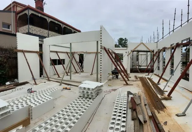 Dincel wall panels assembled and braced during a residential construction project